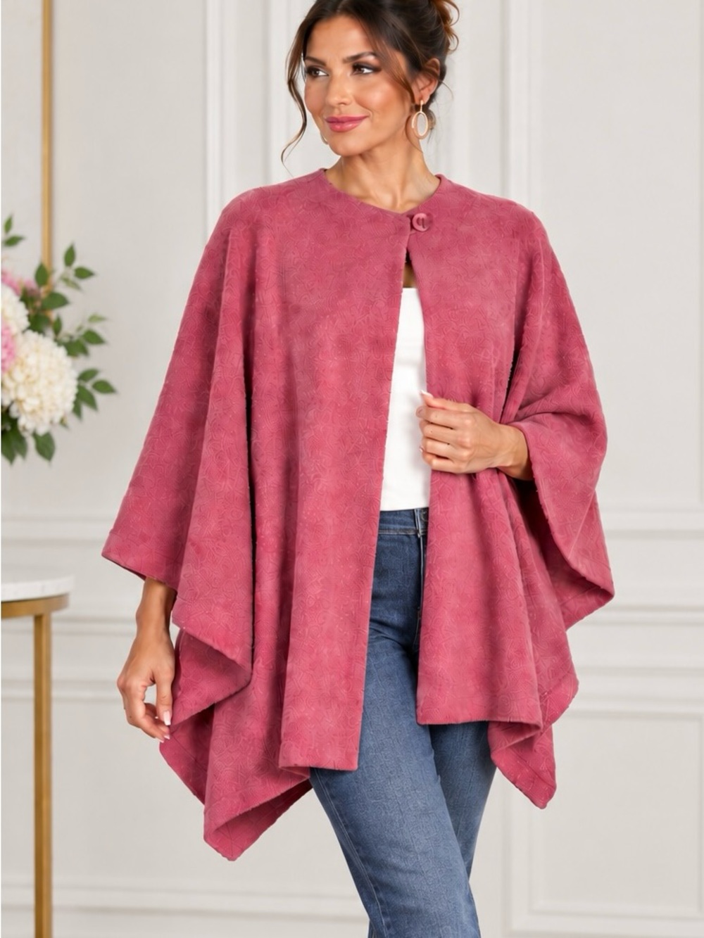 Susan Lucci Cape/Poncho Size OS Dusty Rose Pink Bouclé Wrap Satin Trim